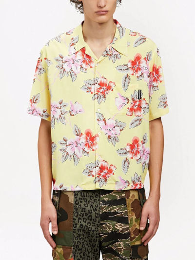 Shop Palm Angels Hibiscus Floral Print Bowling Shirt In Yellow