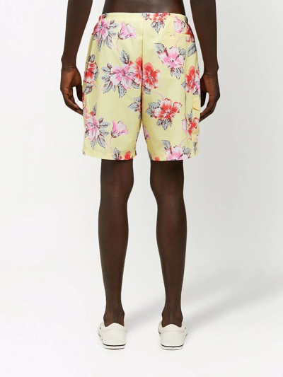Shop Palm Angels Hibiscus-print Cargo Swim Shorts In Yellow