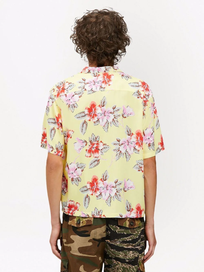 Shop Palm Angels Hibiscus Floral Print Bowling Shirt In Yellow