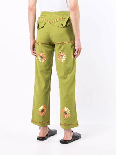 Shop Bode Victorian Floral-embroidered Trousers In Grün