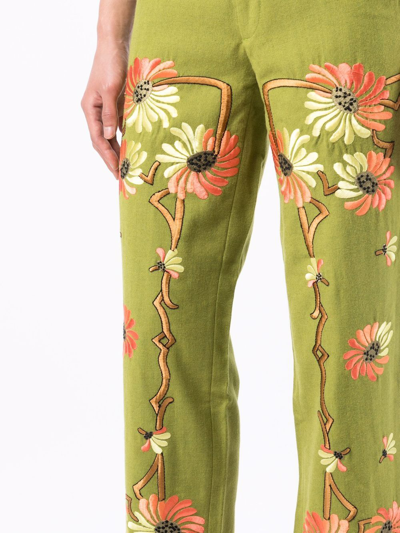 Shop Bode Victorian Floral-embroidered Trousers In Grün