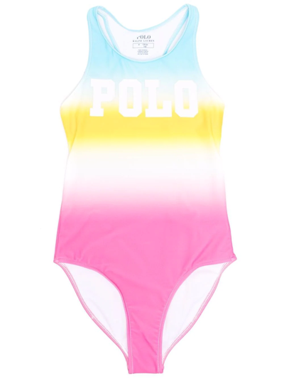 Shop Ralph Lauren Striped Logo-print Swimsuit In Pink
