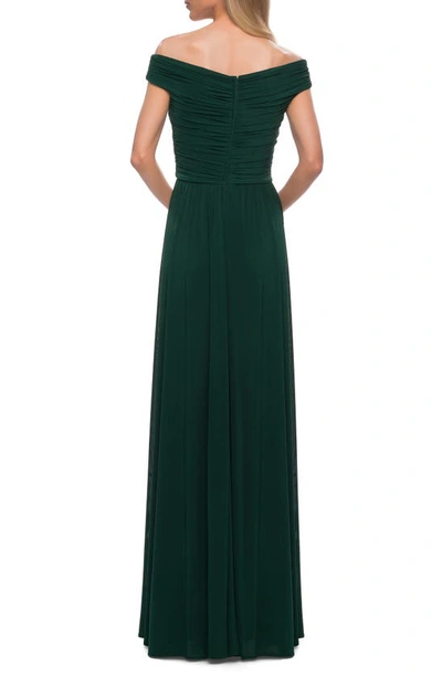 Shop La Femme Off The Shoulder Jersey Gown In Emerald