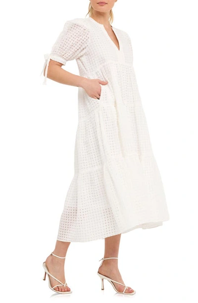 Shop English Factory Gingham Tiered Midi Dress In White