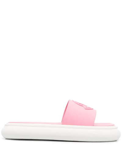 Shop Moncler White And Pink Slyder Slipper With Logo In White/pink