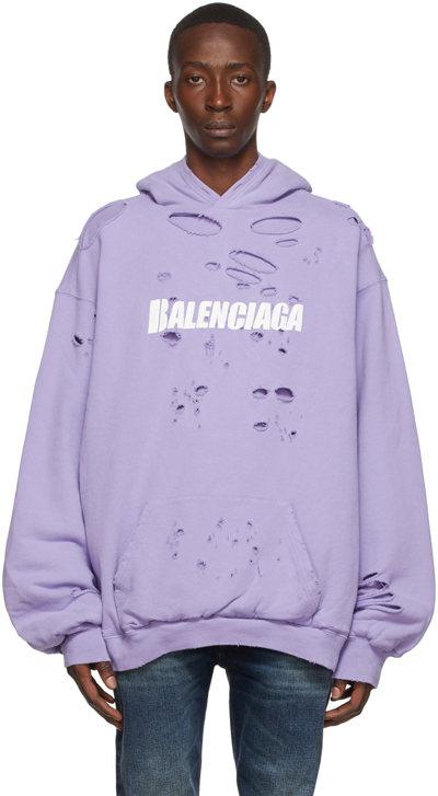 Balenciaga Oversized Distressed logo-print Cotton-jersey Hoodie Purple