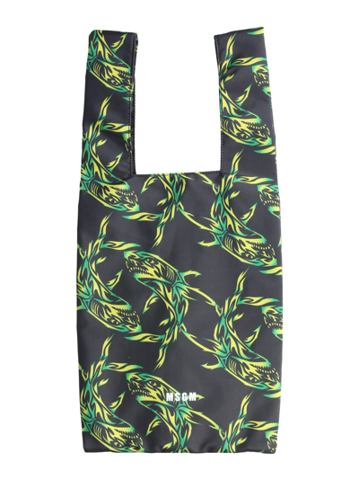 Shop Msgm Tribal Shark Print Tote Bag In Nero