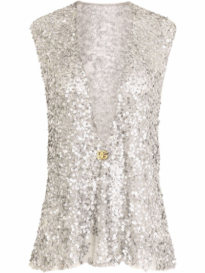 Shop Dolce & Gabbana Sequin Deep V Neck Sleeveless Top In Silver