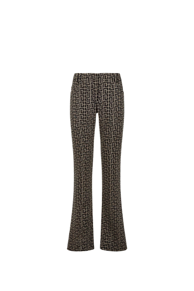 Shop Balmain Bicolor Jacquard Wool Bootcut Pants In White/black