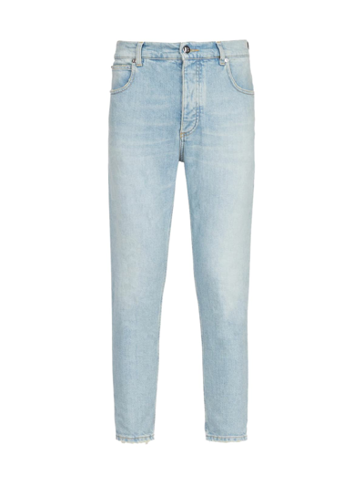 Shop Balmain Cropped Tapered Embossed Jeans In Fc Bleu Jean Clair