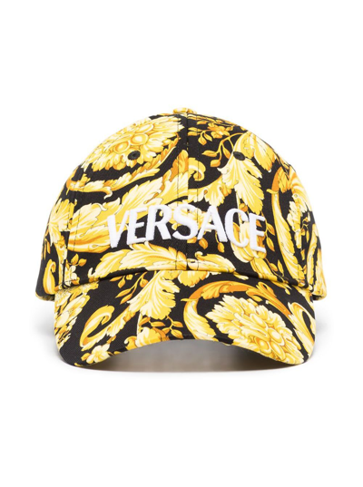 Shop Versace Mans Baroque Printed Cotton Cap With Logo In Yellow
