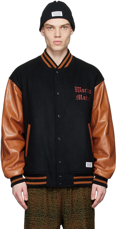 Shop Wacko Maria Black Wool Bomber Jacket In Black/brown