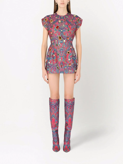 Dolce & Gabbana Ricamo Gem Embellished Brocade Mini Dress In Red