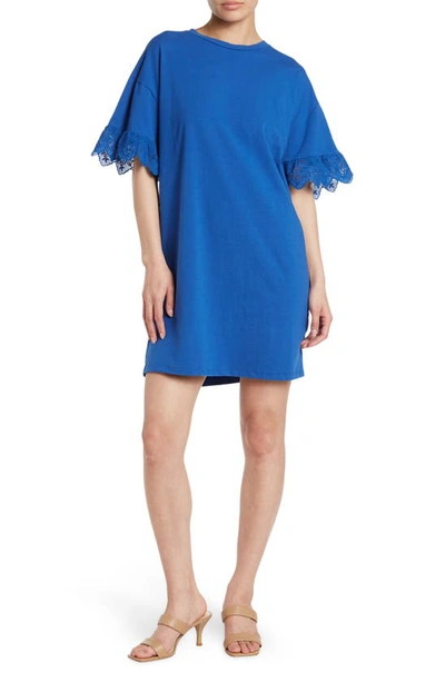 Shop Dual Nature Lace Trim Short Sleeve Shirt Dress In Royal