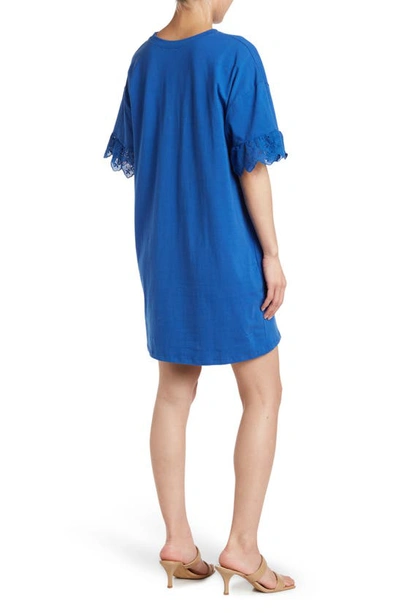 Shop Dual Nature Lace Trim Short Sleeve Shirt Dress In Royal