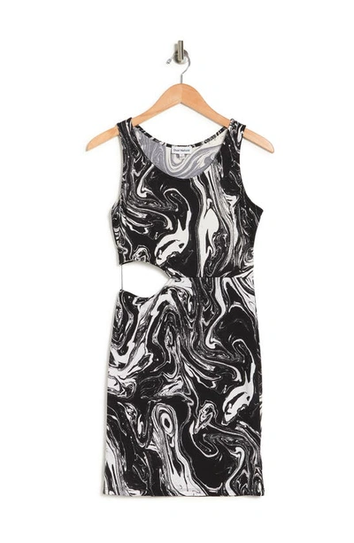 Shop Dual Nature Scoop Neck Sleeveless Print Side Cutout Bodycon Dress In Black/ White Marble