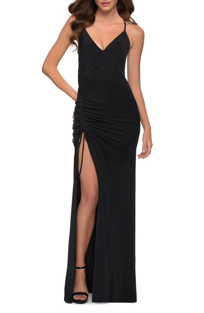 Shop La Femme Ruched Jersey Sheath Gown In Black