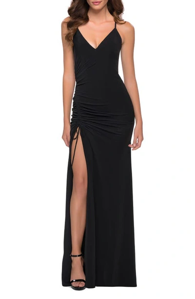 Shop La Femme Ruched Jersey Sheath Gown In Black