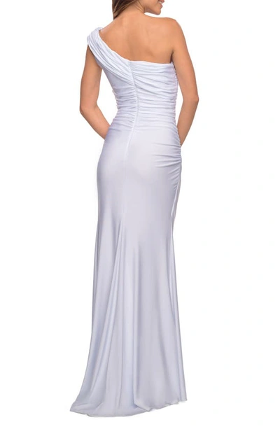 Shop La Femme One-shoulder Jersey Gown In White