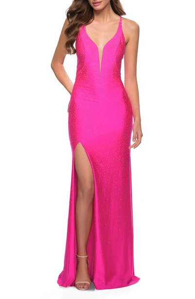 Shop La Femme Rhinestone Plunge Neck Gown In Neon Pink