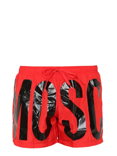 Shop Moschino Logo Print Drawstring Swim Shorts In Red