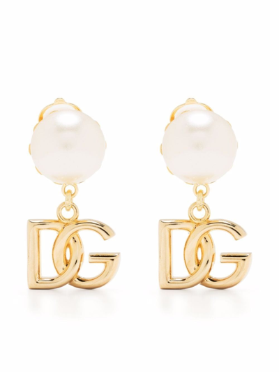 Shop Dolce & Gabbana Pearl Earrings With Logo In Metallic