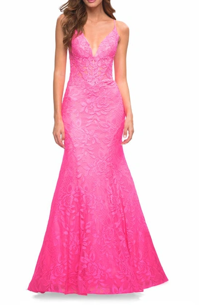Shop La Femme Open Back Lace Gown In Neon Pink
