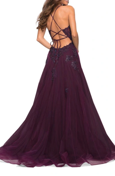 Shop La Femme Floral Embroidered Tulle Ballgown In Dark Berry