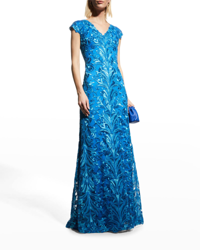 Shop Tadashi Shoji V-neck Corded Lace Gown In Ocean Blue