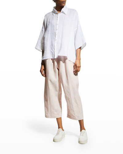 Shop Eskandar Wide A-line Collared Linen Shirt (mid Length) In White