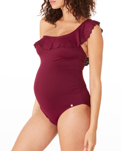 Shop Cache Coeur Maternity Bloom One-shoulder Swimsuit In Burgundy