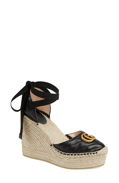 Shop Gucci Palmyra Ankle Tie Espadrille Wedge In Black