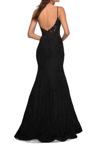 Shop La Femme Lace Mermaid Gown In Black