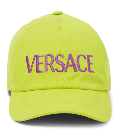 Shop Versace Logo Cotton Cap In Citron+dark Orchid