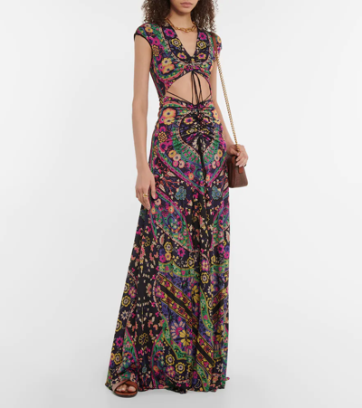 Shop Etro Floral Cutout Ruched Maxi Dress In Nero