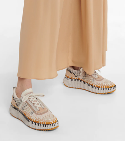 Chloé Nama Embroidered Suede And Recycled-mesh Sneakers In Beige