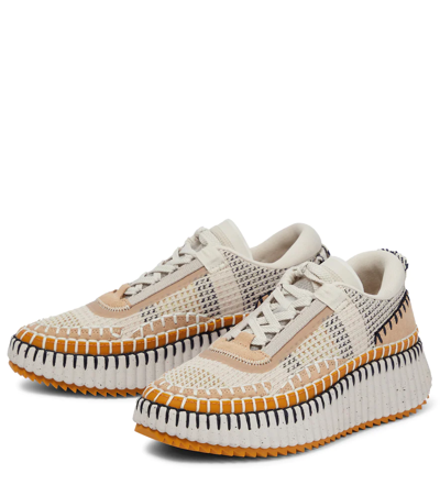 Chloé Nama Embroidered Suede And Recycled-mesh Sneakers In Beige