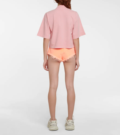 Shop Palm Angels Frayed Mid-rise Denim Shorts In Orange Fluo