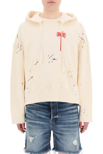 Shop Palm Angels Hoodie With Painted Effect Print In Beige