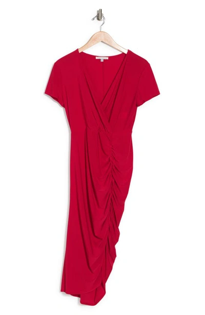 Shop Tash And Sophie Surplice Short Sleeve Ruched Sheath Dress In Red