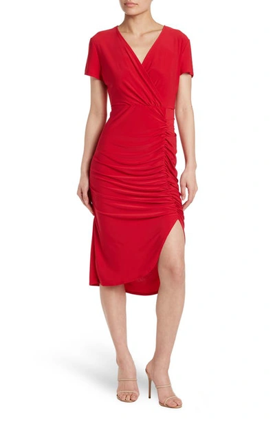 Shop Tash And Sophie Surplice Short Sleeve Ruched Sheath Dress In Red