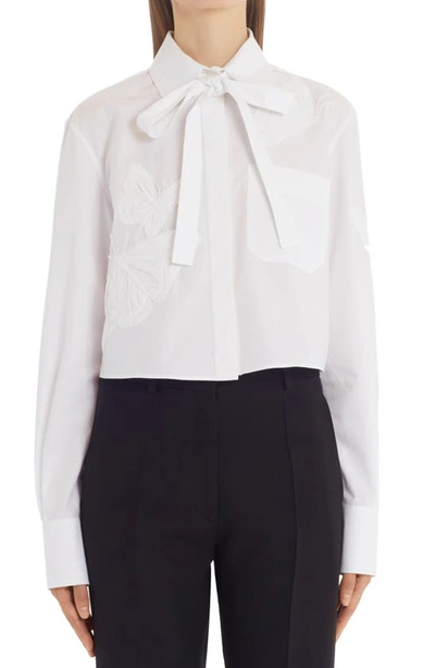 Shop Valentino Embroidered Butterfly Cotton Blouse In Bianco Ottico