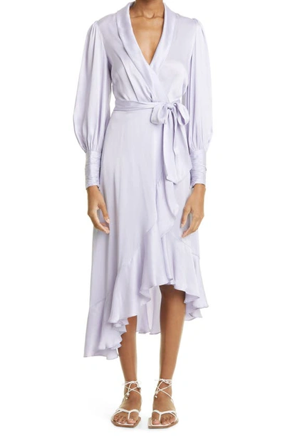 Shop Zimmermann Dancer Asymmetric Ruffle Silk Midi Wrap Dress In Lilac