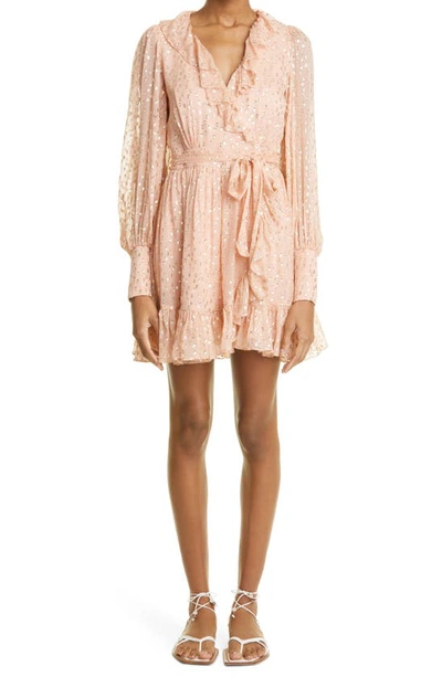 Shop Zimmermann Ruffle Long Sleeve Silk Fil Coupé Wrap Minidress In Blush