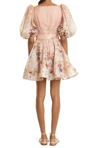 Shop Zimmermann Dancer Puff Sleeve Silk & Linen Minidress In Blush Garden Floral