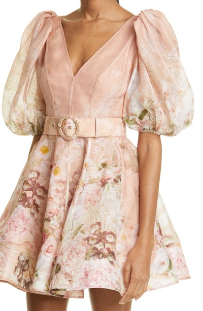 Shop Zimmermann Dancer Puff Sleeve Silk & Linen Minidress In Blush Garden Floral