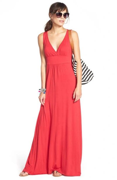 Loveappella V-neck Jersey Maxi Dress In Red Lipstick