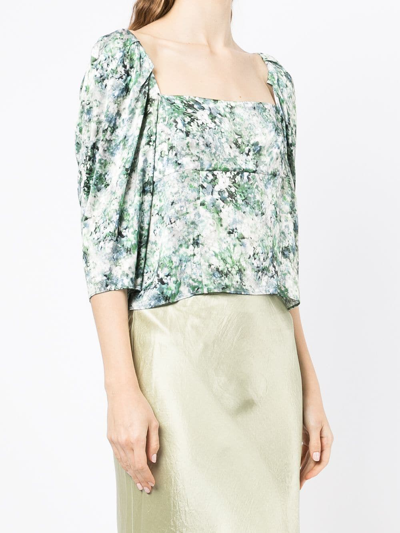 Shop Vince Floral-print Square-neck Blouse In Grün