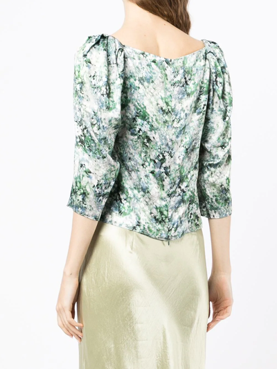 Shop Vince Floral-print Square-neck Blouse In Grün