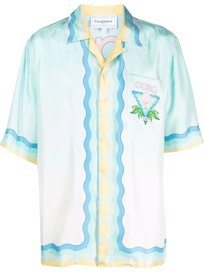 Shop Casablanca Wave-logo Print Silk Shirt In Blau